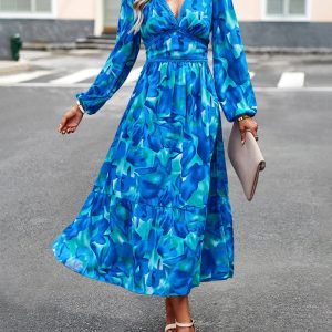 Women's Y2K Aesthetic Printed V-Neck Long-Sleeved Resort Dress for Casual Chic Style