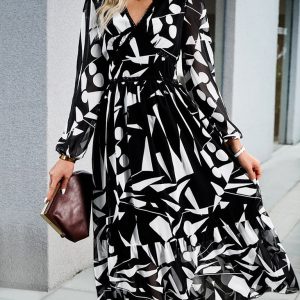 Women's Y2K Aesthetic Printed V-Neck Long-Sleeved Resort Dress for Casual Chic Style