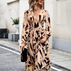 Women's Y2K Aesthetic Printed V-Neck Long-Sleeved Resort Dress for Casual Chic Style