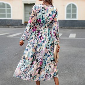 Women's Y2K Aesthetic Printed V-Neck Long-Sleeved Resort Dress for Casual Chic Style