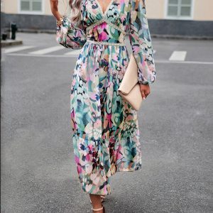 Women's Y2K Aesthetic Printed V-Neck Long-Sleeved Resort Dress for Casual Chic Style