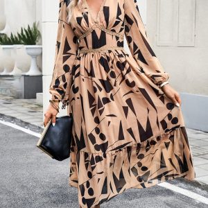 Women's Y2K Aesthetic Printed V-Neck Long-Sleeved Resort Dress for Casual Chic Style