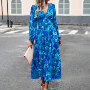 Women's Y2K Aesthetic Printed V-Neck Long-Sleeved Resort Dress for Casual Chic Style