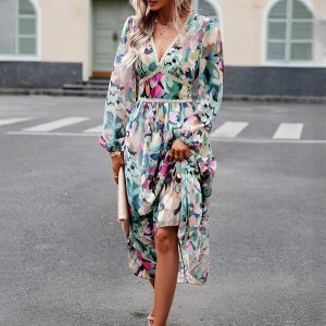 Women's Y2K Aesthetic Printed V-Neck Long-Sleeved Resort Dress for Casual Chic Style