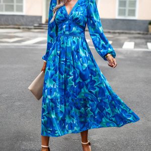 Women's Y2K Aesthetic Printed V-Neck Long-Sleeved Resort Dress for Casual Chic Style