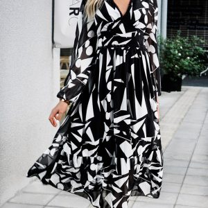 Women's Y2K Aesthetic Printed V-Neck Long-Sleeved Resort Dress for Casual Chic Style