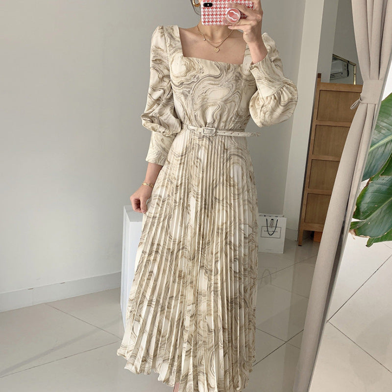 Women's Y2K Aesthetic Printed Waist Long Pleated Dress for Cute and Comfy Style