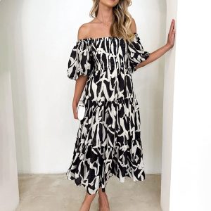 Women's Y2K Aesthetic Puff Sleeve Printed Cake Dress for Coquette and Grunge Styles