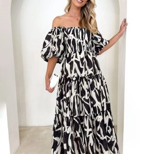 Women's Y2K Aesthetic Puff Sleeve Printed Cake Dress for Coquette and Grunge Styles