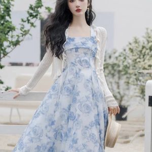 Women's Y2K Aesthetic Rose Oil Painting Beach Vacation Dress for Summer Fun