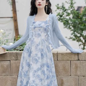 Women's Y2K Aesthetic Rose Oil Painting Beach Vacation Dress for Summer Fun