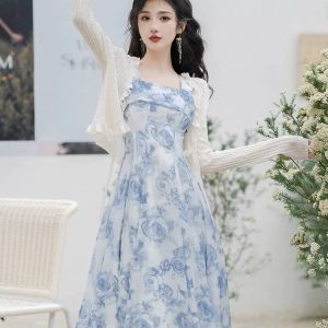 Women's Y2K Aesthetic Rose Oil Painting Beach Vacation Dress for Summer Fun