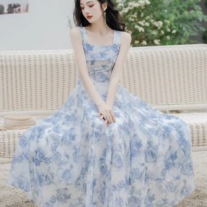 Women's Y2K Aesthetic Rose Oil Painting Beach Vacation Dress for Summer Fun