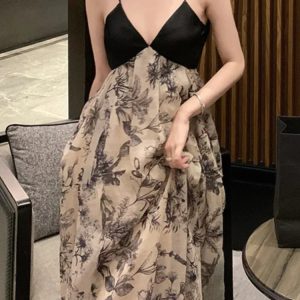 Women's Y2K Aesthetic Spaghetti Strap Midi Dress - Casual Sleeveless V-Neck Beach Party Robe