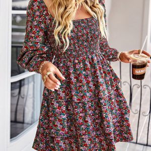 Women's Y2K Aesthetic Square Neck Long Sleeve Printed Cake Dress for Cute Outfits