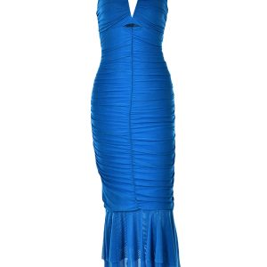 Women's Y2K Fishtail Bodycon Dress with V Neck Cutout & Ruched Detail for Parties