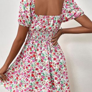 Women's Y2K High Waist Puff Sleeve Floral Dress - Cute Coquette Aesthetic Outfit