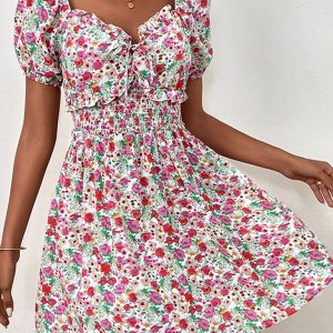 Women's Y2K High Waist Puff Sleeve Floral Dress - Cute Coquette Aesthetic Outfit