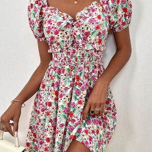 Women's Y2K High Waist Puff Sleeve Floral Dress - Cute Coquette Aesthetic Outfit