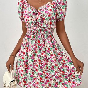 Women's Y2K High Waist Puff Sleeve Floral Dress - Cute Coquette Aesthetic Outfit