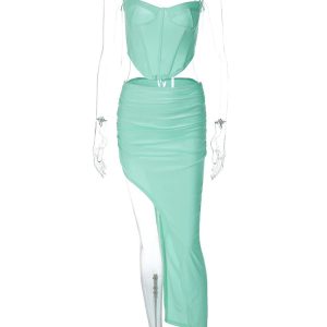 Women’s Y2K Matching Co-Ord Set: Corset Crop Top & Side Slit Ruched Maxi Skirt 2-Piece Bodycon