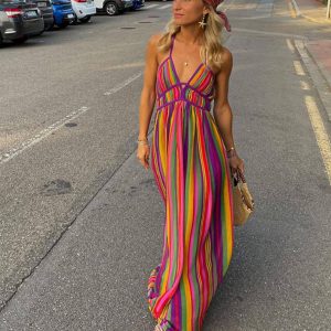 Women's Y2K Rainbow Striped V-Neck Sleeveless Beach Dress for Cute Summer Outfits