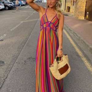 Women's Y2K Rainbow Striped V-Neck Sleeveless Beach Dress for Cute Summer Outfits