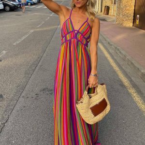 Women's Y2K Rainbow Striped V-Neck Sleeveless Beach Dress for Cute Summer Outfits