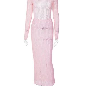 Wool Sexy Backless Mesh Long-Sleeved Dress in Pure Lust Style for Y2K Aesthetic Fashion