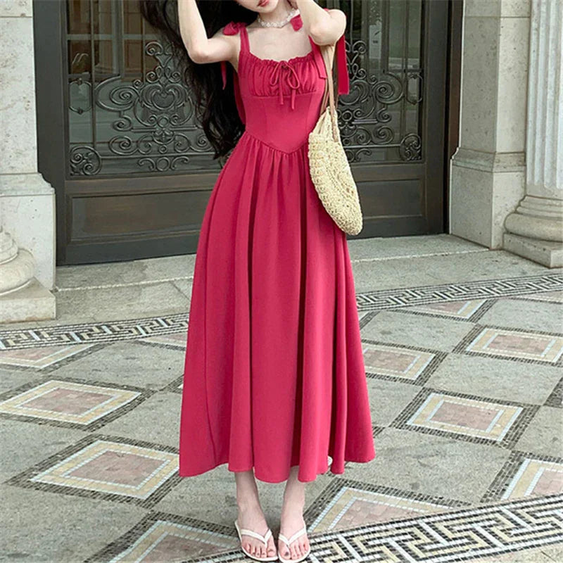 Y2K A-Line Midi Dress for Women 2024 - Sleeveless High Waisted Square Collar Flounce Fairy Dress