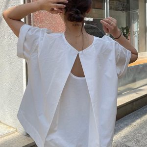 Y2K Aesthetic Back Hollow Round Neck Simple T-Shirt - Trendy Cute Top for Everyday Style