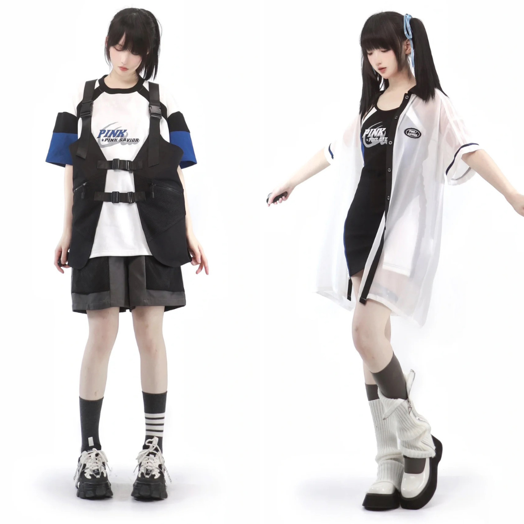 Y2K Aesthetic Baseball Girl's Long Shirt, Strap Dress, T-Shirt, Vest & Half Pants Set