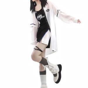 Y2K Aesthetic Baseball Girl's Long Shirt, Strap Dress, T-Shirt, Vest & Half Pants Set