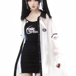 Y2K Aesthetic Baseball Girl's Long Shirt, Strap Dress, T-Shirt, Vest & Half Pants Set