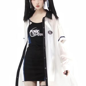 Y2K Aesthetic Baseball Girl's Long Shirt, Strap Dress, T-Shirt, Vest & Half Pants Set