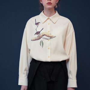 Y2K Aesthetic Bird Painting Blouse with Perched Design on a Branch for Trendy Outfits