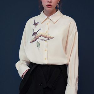 Y2K Aesthetic Bird Painting Blouse with Perched Design on a Branch for Trendy Outfits