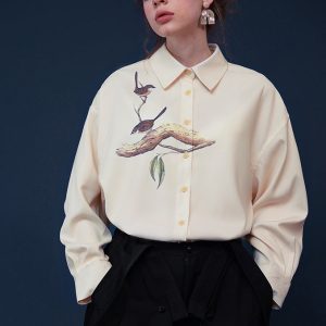 Y2K Aesthetic Bird Painting Blouse with Perched Design on a Branch for Trendy Outfits