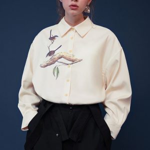 Y2K Aesthetic Bird Painting Blouse with Perched Design on a Branch for Trendy Outfits