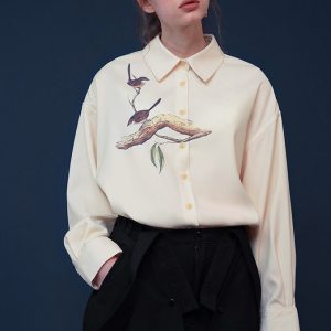 Y2K Aesthetic Bird Painting Blouse with Perched Design on a Branch for Trendy Outfits