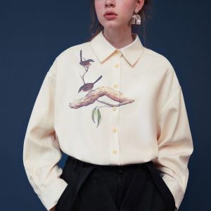 Y2K Aesthetic Bird Painting Blouse with Perched Design on a Branch for Trendy Outfits