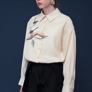 Y2K Aesthetic Bird Painting Blouse with Perched Design on a Branch for Trendy Outfits