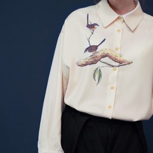 Y2K Aesthetic Bird Painting Blouse with Perched Design on a Branch for Trendy Outfits