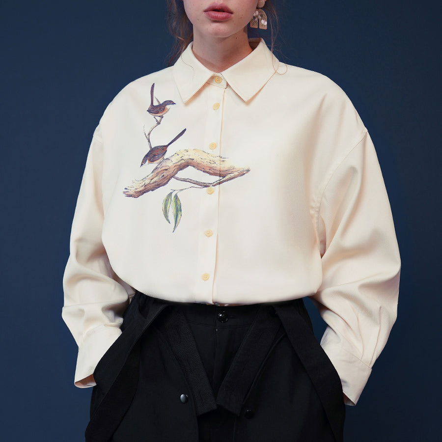 Y2K Aesthetic Bird Painting Blouse with Perched Design on a Branch for Trendy Outfits