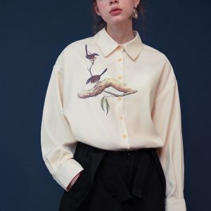 Y2K Aesthetic Bird Painting Blouse with Perched Design on a Branch for Trendy Outfits