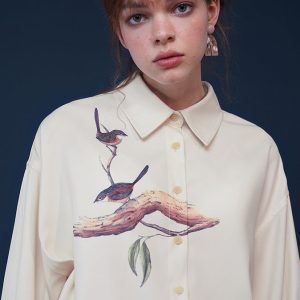 Y2K Aesthetic Bird Painting Blouse with Perched Design on a Branch for Trendy Outfits