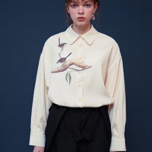 Y2K Aesthetic Bird Painting Blouse with Perched Design on a Branch for Trendy Outfits