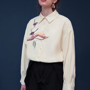 Y2K Aesthetic Bird Painting Blouse with Perched Design on a Branch for Trendy Outfits