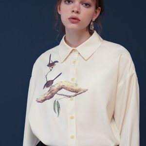 Y2K Aesthetic Bird Painting Blouse with Perched Design on a Branch for Trendy Outfits