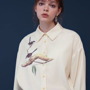 Y2K Aesthetic Bird Painting Blouse with Perched Design on a Branch for Trendy Outfits